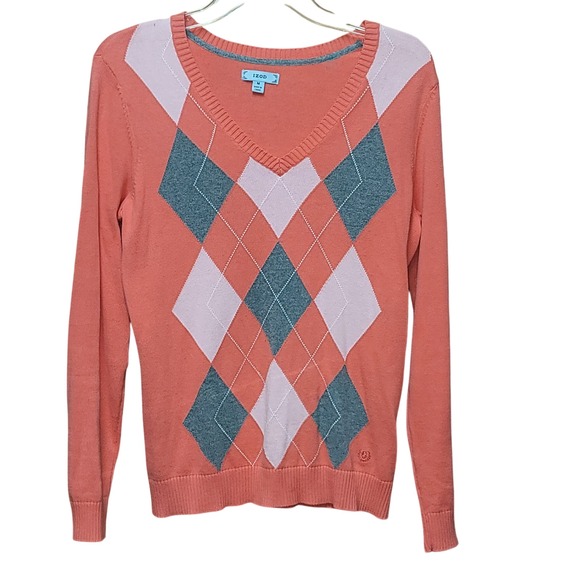 Izod Women's Pullover Argyle V-Neck Knit Sweater M Timeless Golf Classic Preppy - Picture 1 of 9